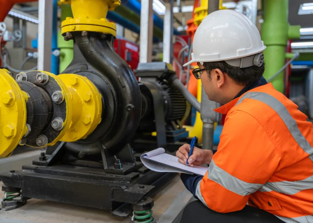 An engineer in an orange hi-vis and hard hat inspecting a commercial HVAC system.
