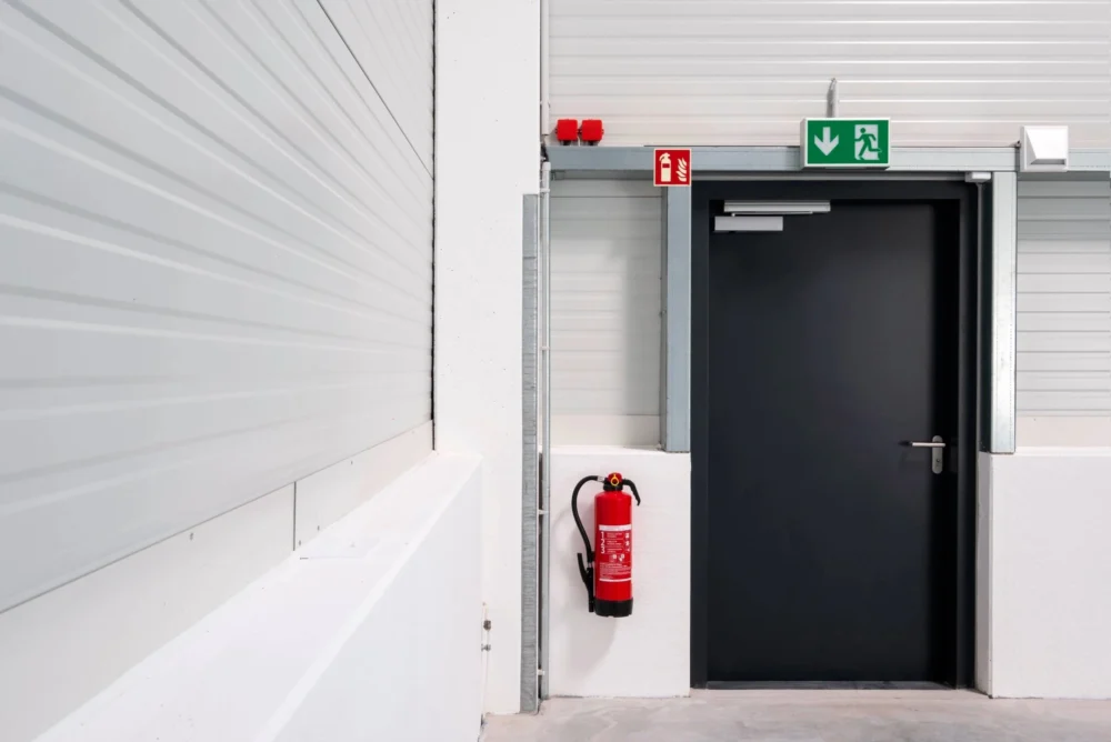 A black fire exit door in a white warehouse.